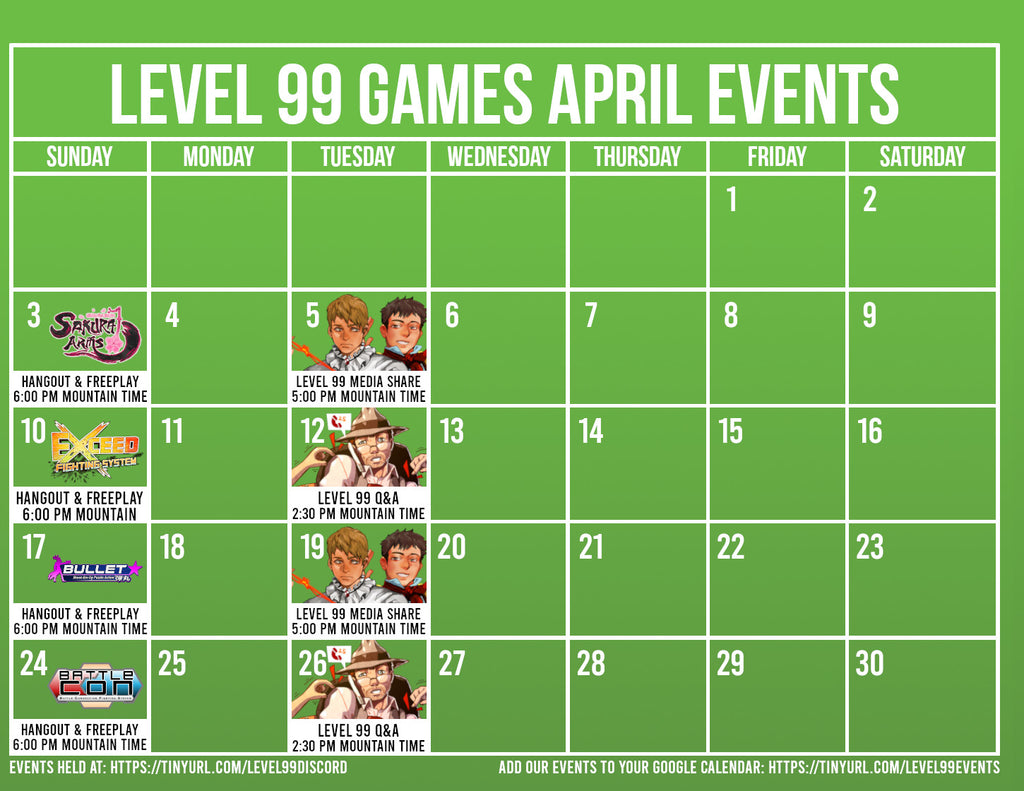 Level 99 Games April Event Calendar